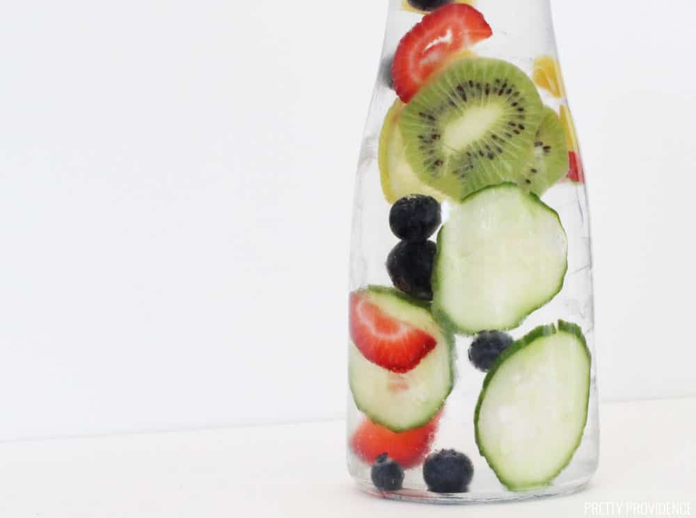 Fruit Infused water with blueberries, cucumber, kiwi, strawberries and mango.