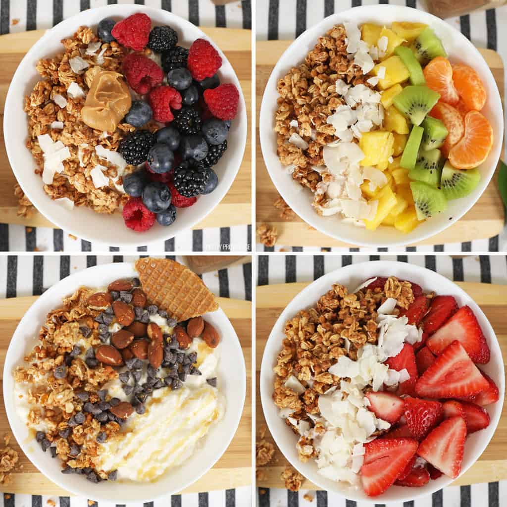 Three white bowls with yogurt toppings. Strawberries, blueberries, raspberries, pineapple, oranges, almonds, coconut and granola.