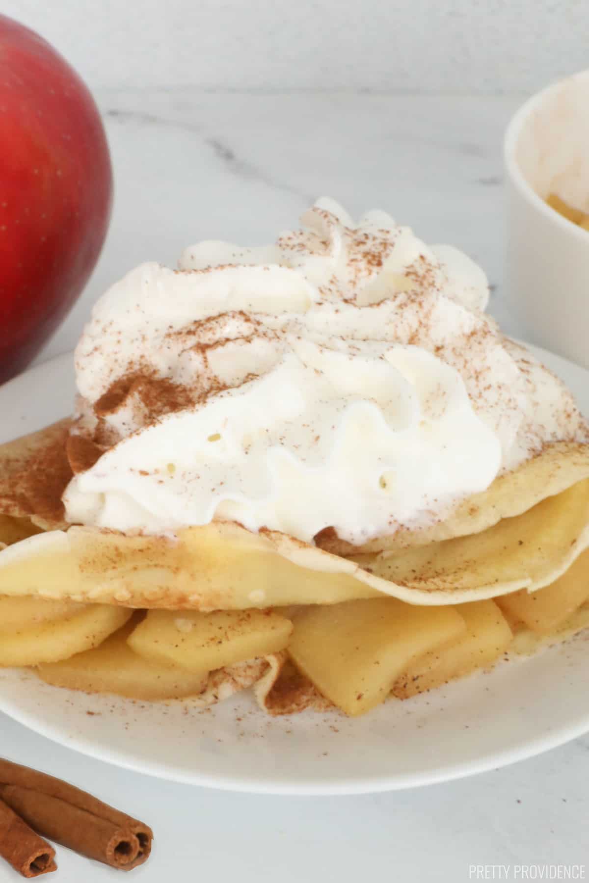 Apple Cinnamon Crepes!!! YUM. This is basically apple pie in crepe form and my whole family LOVES it!!