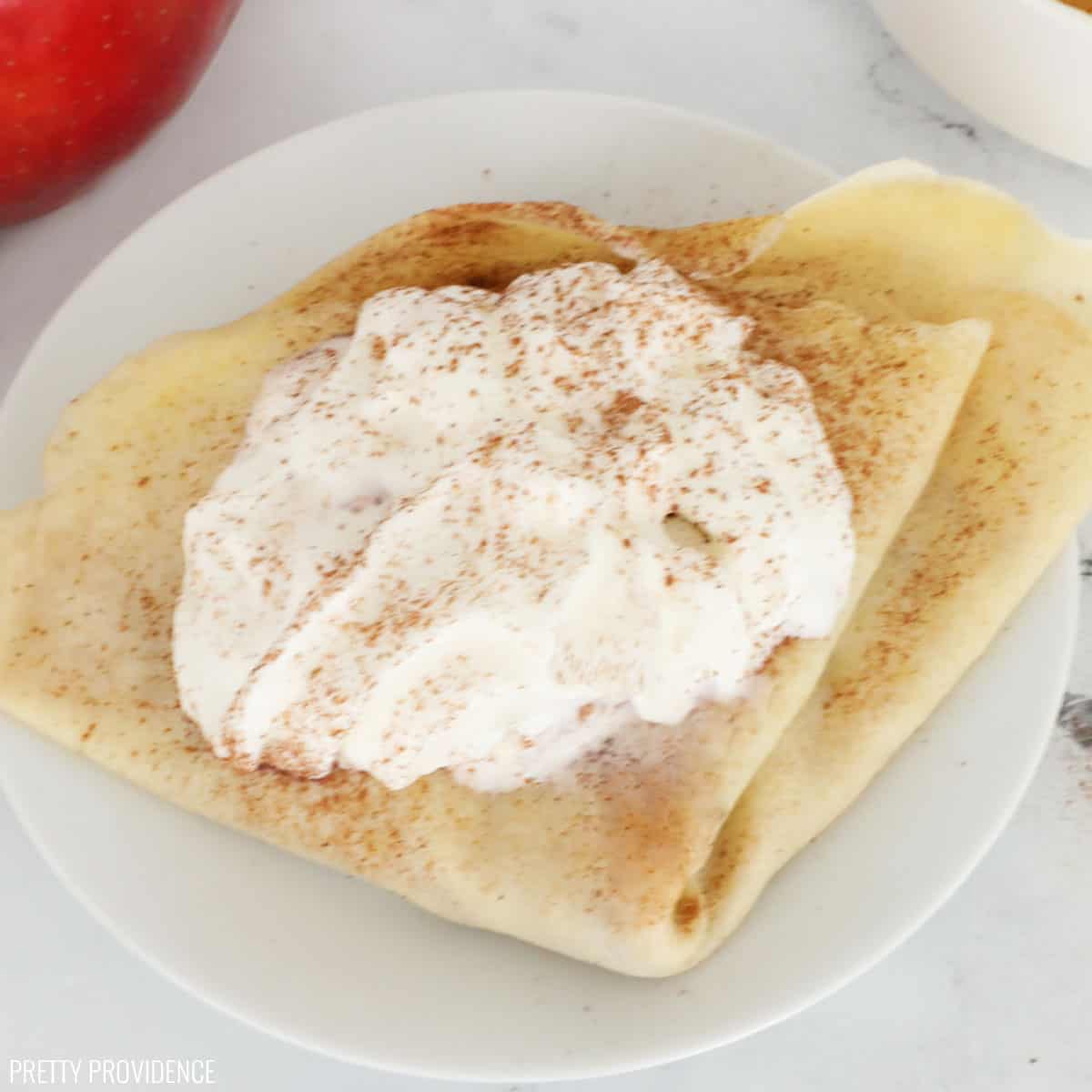 Apple Cinnamon Crepes!!! YUM. This is basically apple pie in crepe form and my whole family LOVES it!!
