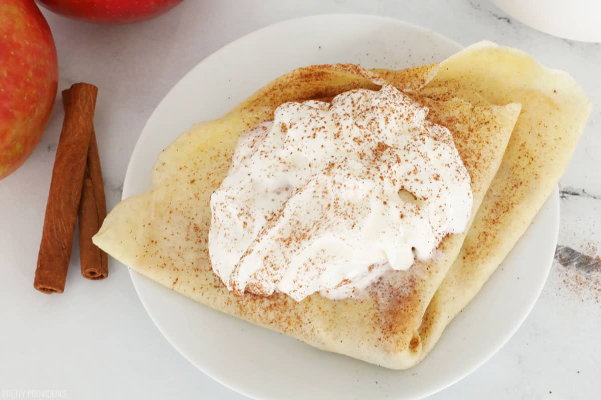 Apple Cinnamon Crepes!!! YUM. This is basically apple pie in crepe form and my whole family LOVES it!!