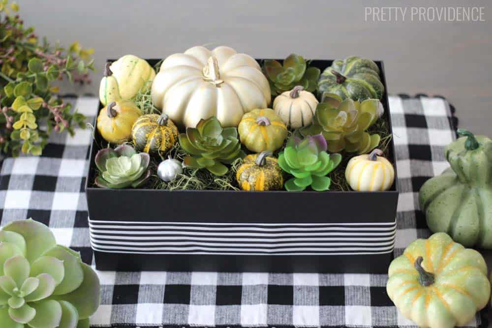 Modern Thanksgiving centerpiece with pumpkins and succulents in a black box. 