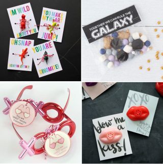 Free Valentine Printables collage, dinosaurs and toys, glasses, lip whistles, and star wars valentines with snack mix.
