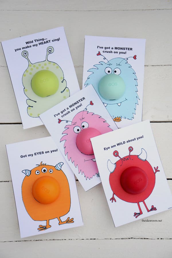 Monster valentines with EOS lip balm on the Valentines as noses for the monsters from The Idea Room