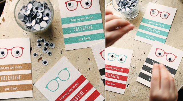 printable Valentines cards with googly eyes and glasses on them.