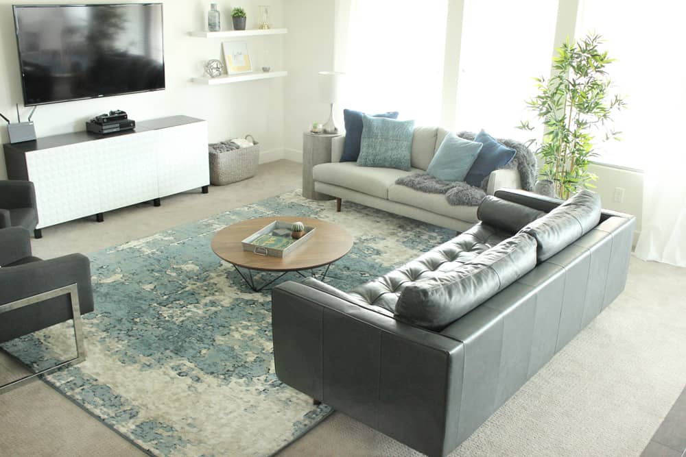 I'm totally in love with this cozy, modern living room space! It makes the most out of the size, and pairs looks and functionality so well! Great prices, too! 