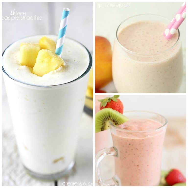 A collage of three yummy smoothie recipes.