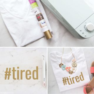 Iron-on t-shirt with Cricut collage of supplies needed, iron-on cut and weeded, and then the final shirt that says "#tired" in gold iron-on letters