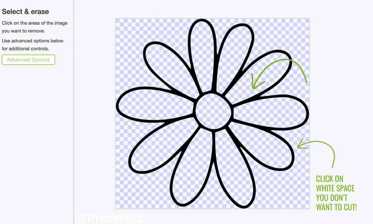 Image of flower uploaded to Cricut Design Space - Select & Erase tool screen