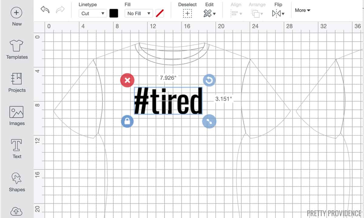 design on a t-shirt template in Cricut Design Space software