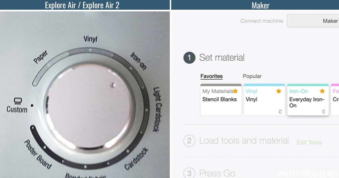 Material settings for Iron-On vinyl on Cricut machine - left photo is Cricut Explore Air 2 and right photo is Cricut Maker