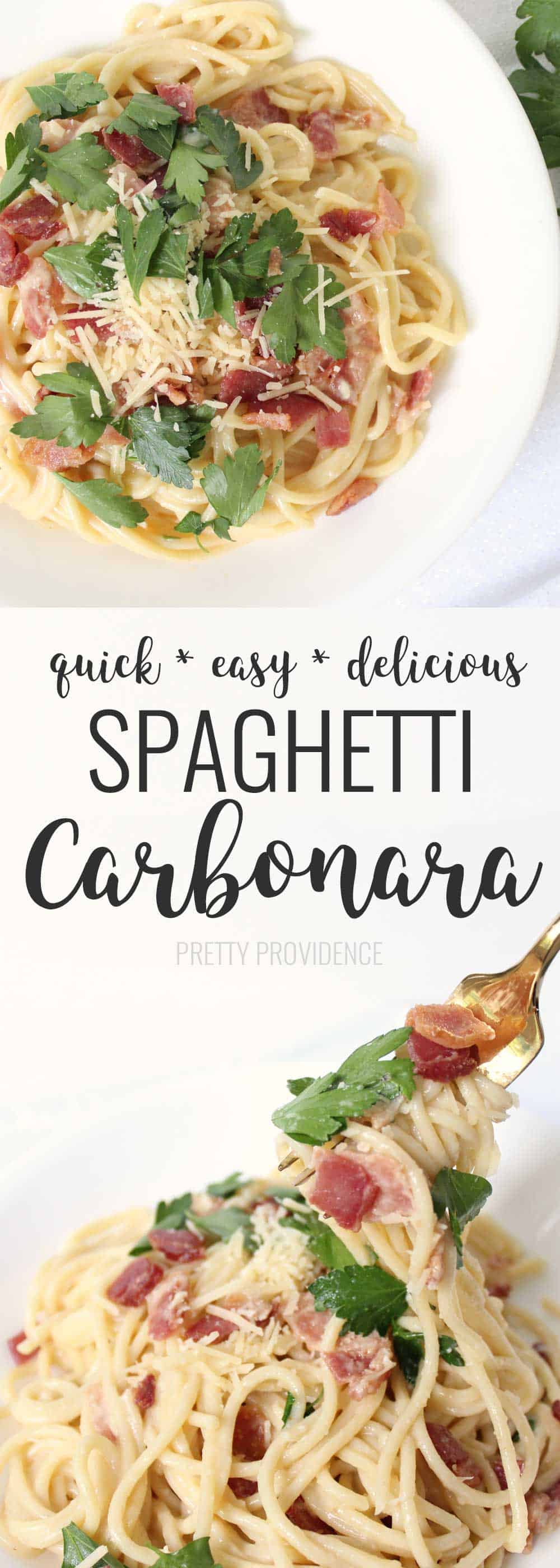 I love this spaghetti carbonara because it's so easy, delicious and quick! Bacon for the win.