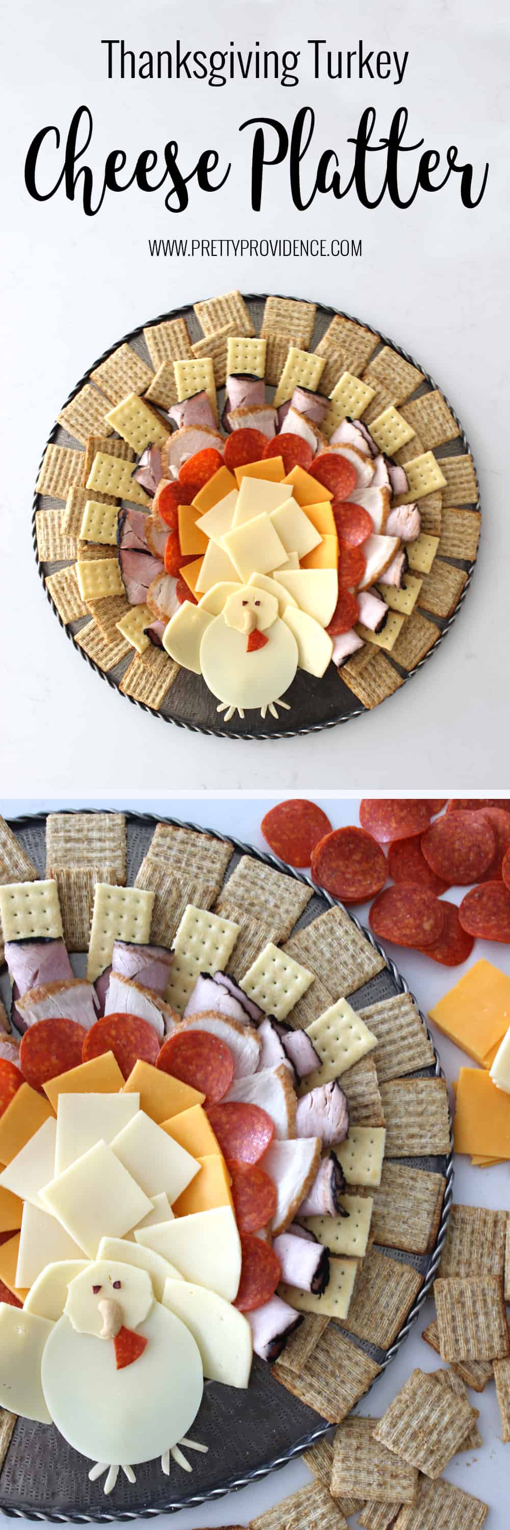 How adorable is this Thanksgiving turkey cheese platter?! It was literally SO easy to throw together, not to mention festive and delicious! 