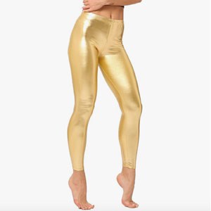 Gold leggings on a woman's legs.