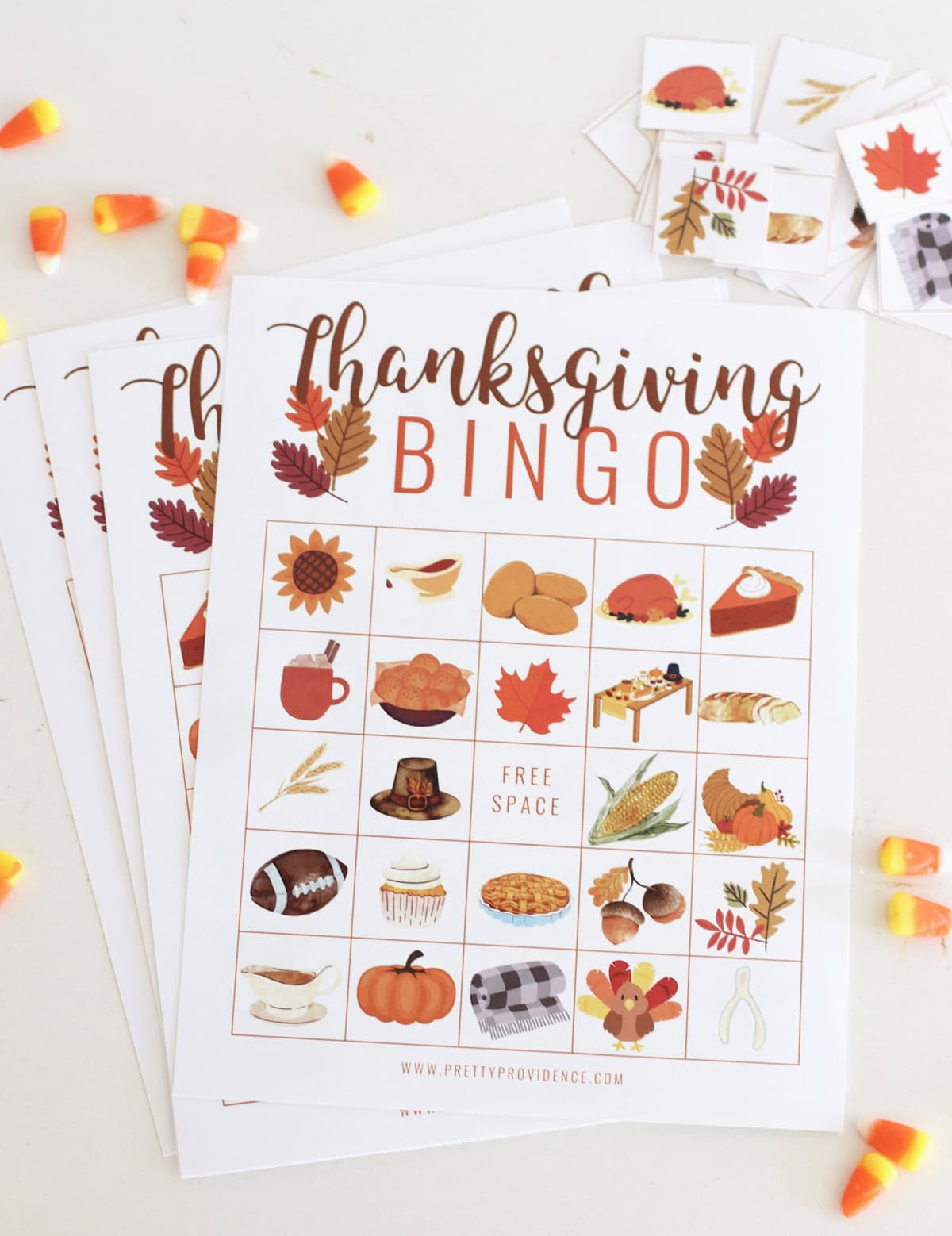 A stack of Thanksgiving Bingo cards. 