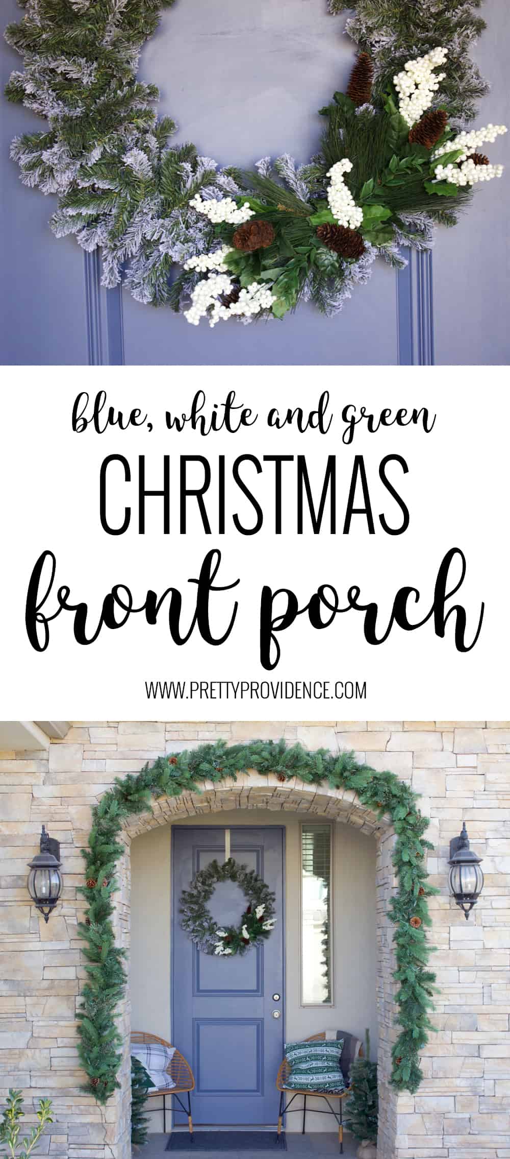 I am loving the color scheme of this beautiful Christmas front porch!