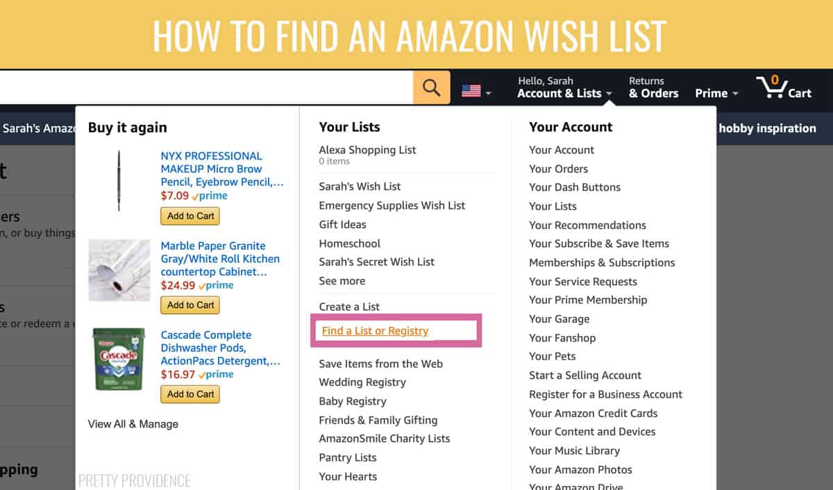 How to find an Amazon wish list - amazon website menu