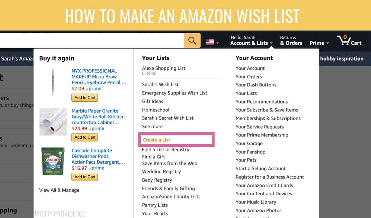How to make an Amazon wish list - amazon website menu