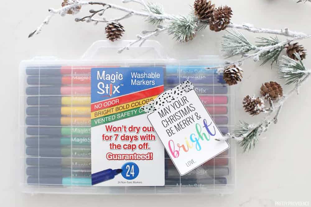 "May your Christmas be merry & bright" gift tag on markers.