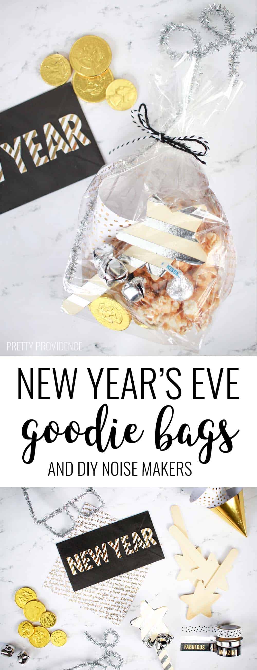 These New Year's Eve goodie bags are simple, fun and good for kids or adults! Filled with treats and noisemakers for NYE fun!