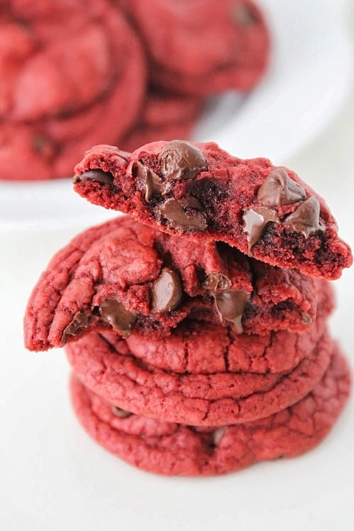 Red Velvet chocolate chip cookies stacked