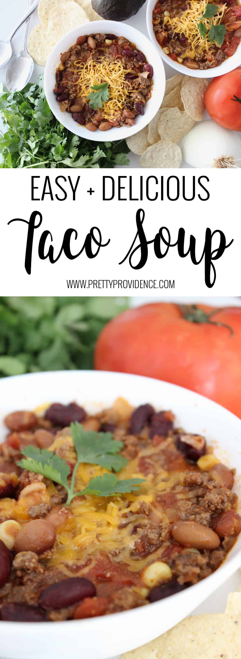 Taco soup is a staple at our house! Any meal that can be thrown together in five minutes, pleases everyone and is healthy to boot is an automatic win in my book! 
