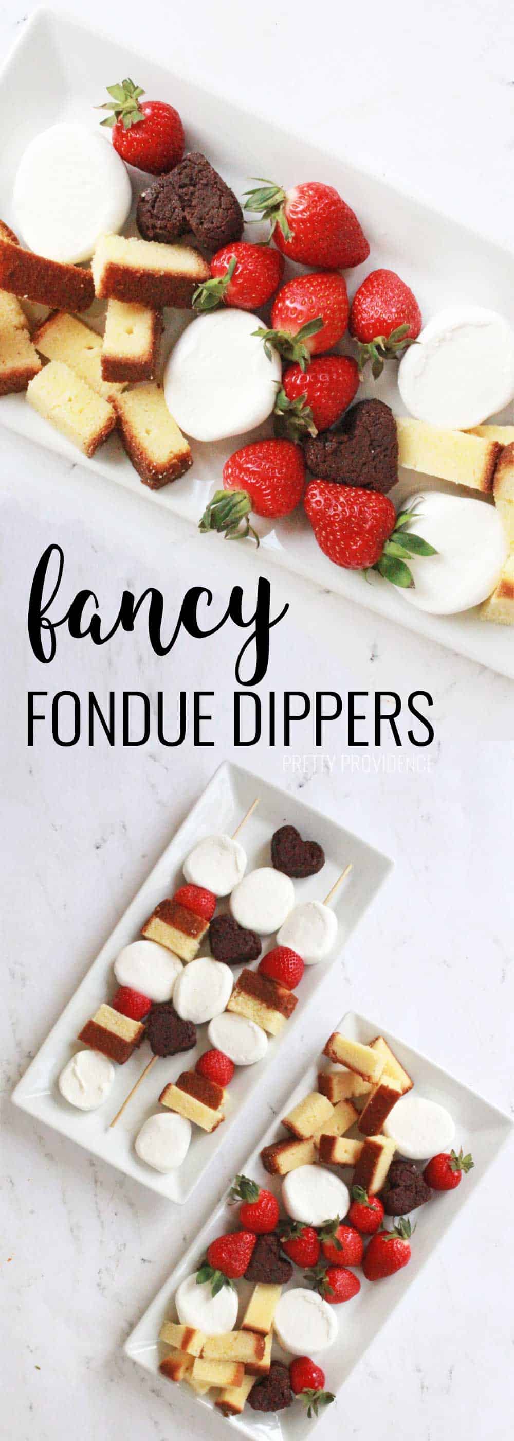 Fancy fondue dippers for Valentine's Day or anniversary desserts! Heart shaped brownies, marshmallows and strawberries are perfect for chocolate fondue!