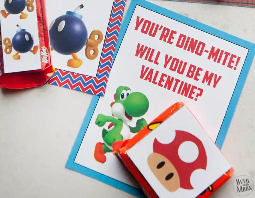 Super Mario Valentines with toad, Yoshi, Mario and more characters on them.