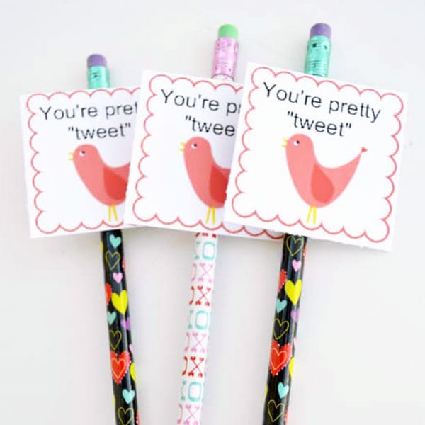 free printable valentine with a bird that says 'you're pretty tweet' taped onto a pencil.