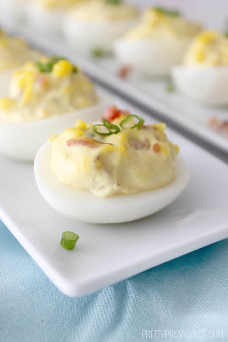 If you like deviled eggs you will LOVE these bacon and cheese deviled eggs! They disappear in a blink everywhere I bring them!