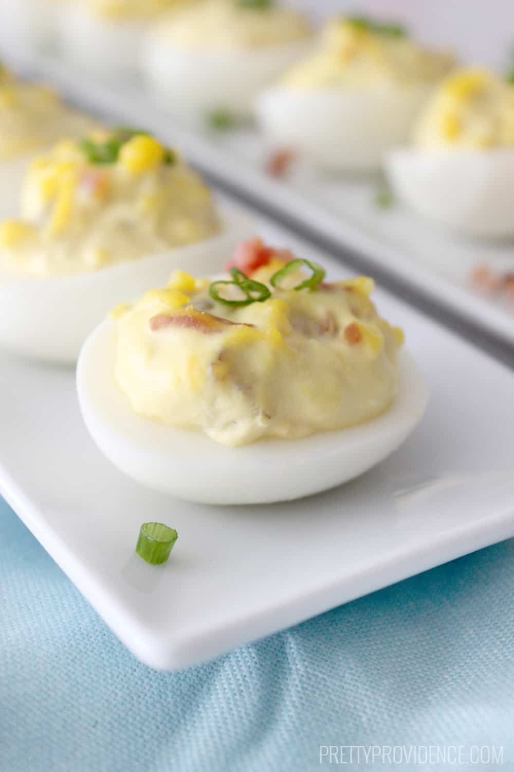 If you like deviled eggs you will LOVE these bacon and cheese deviled eggs! They disappear in a blink everywhere I bring them! 