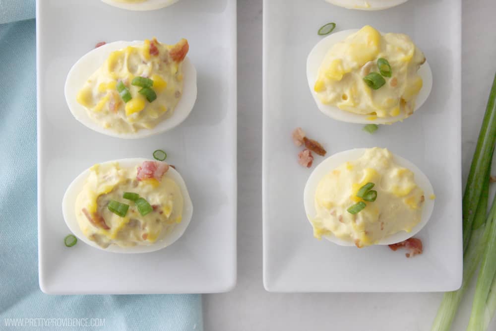 If you like deviled eggs you will LOVE these bacon and cheese deviled eggs! They disappear in a blink everywhere I bring them! 