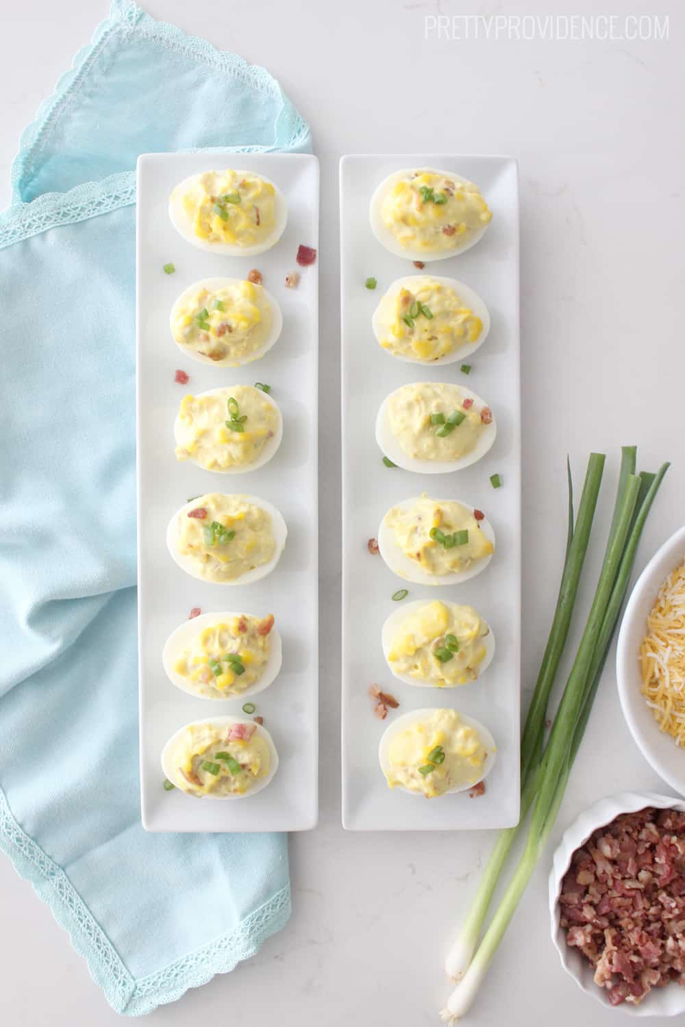 If you like deviled eggs you will LOVE these bacon and cheese deviled eggs! They disappear in a blink everywhere I bring them! 