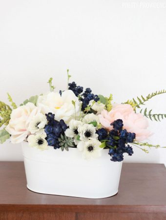 Navy, pink peonies and succulents arrangement for a wedding or spring table!