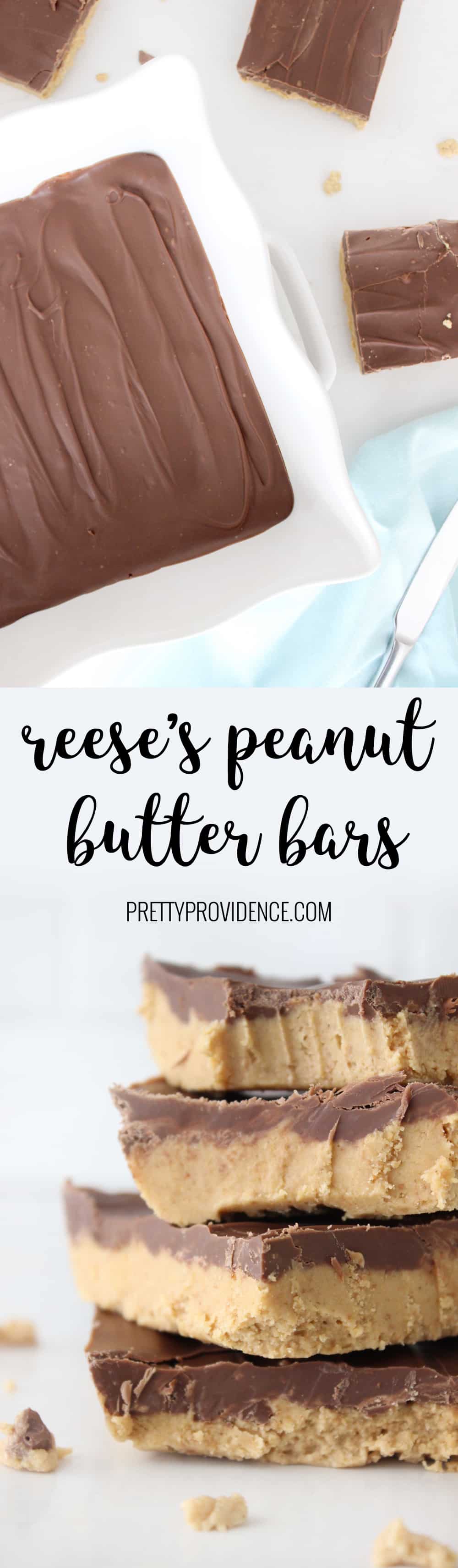 These Reese's peanut butter bars taste just like the Reese's Eggs, only bigger and better! Your whole family will love this easy no bake treat! 