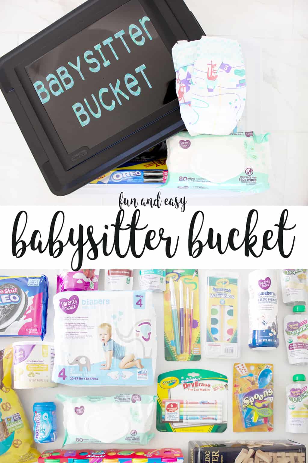 How fun is this babysitter bucket?! It is filled with all the essential items a babysitter will need to take care of the kids, plus tons of fun babysitting activities to keep them happy and occupied! 