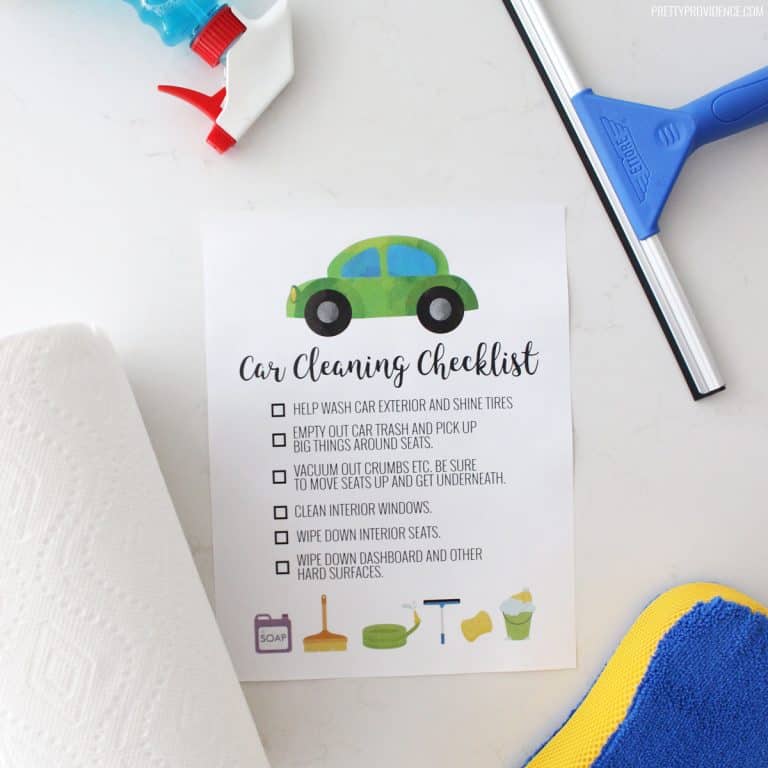 car cleaning checklist printable with cleaning supplies around it