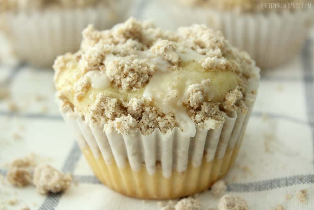 These coffee cake muffins are unbelievably good! From the moist cake base, to the delicious streusel topping to the sweet glaze finish these muffins are sure to hit the spot! 