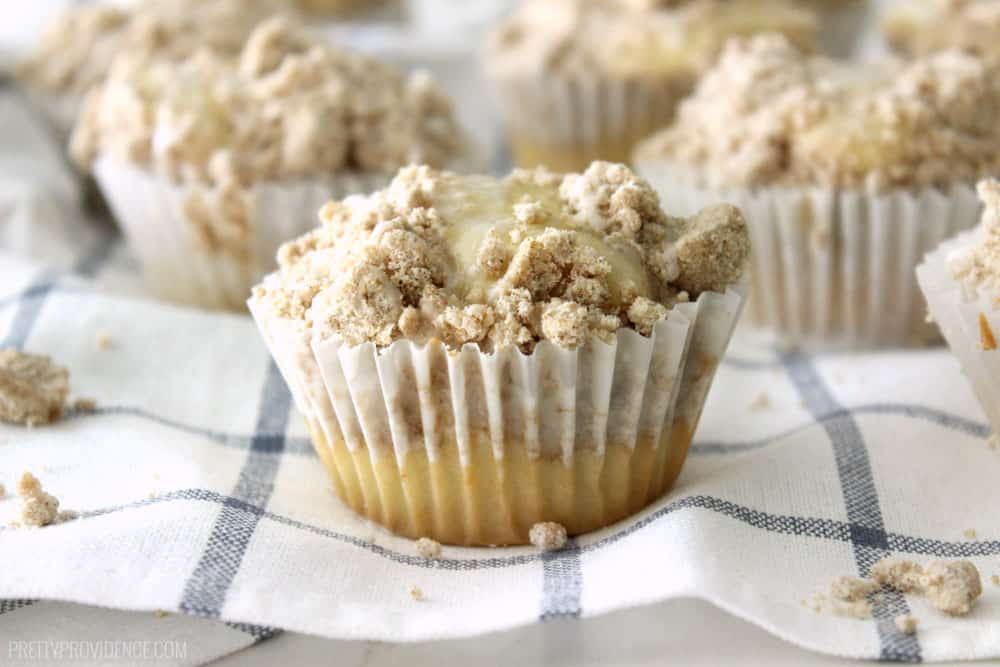 These coffee cake muffins are unbelievably good! From the moist cake base, to the delicious streusel topping to the sweet glaze finish these muffins are sure to hit the spot! 