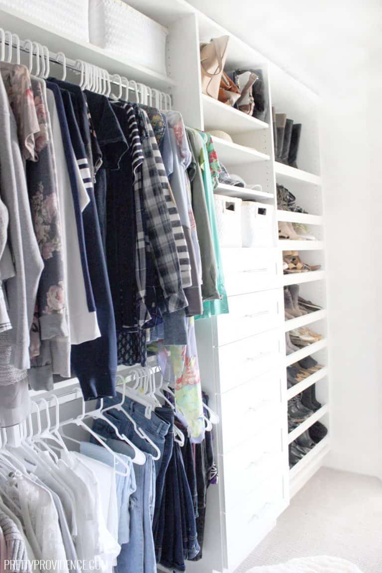 Master closet ideas including drawers, hanging space, and shoe racks.