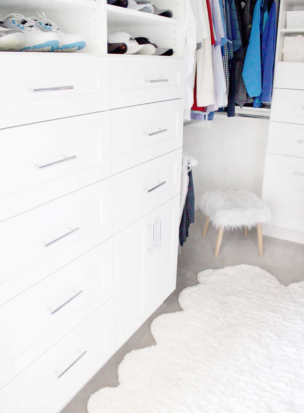 Master closet drawers. Master closet rug. Master closet stool. 