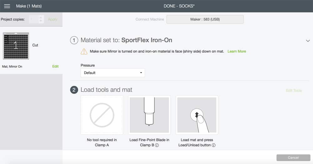 set material type to sports flex iron on