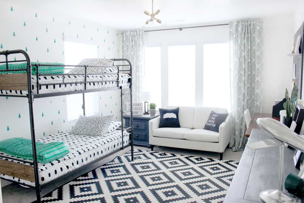 Super adorable black white and green adventure themed little boys room! 