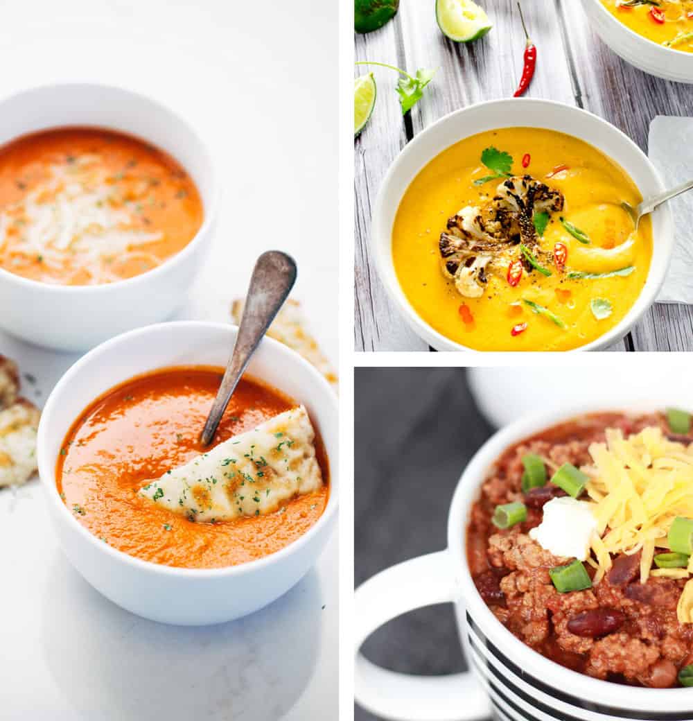Three images of different soups combined together for social. 