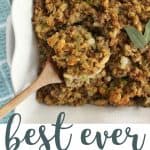 Best stuffing recipe with spoon in the pan.