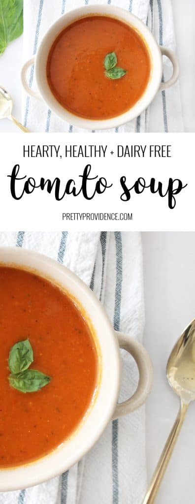 Hearty and delicious dairy free tomato soup! Not only is this soup super healthy, but it is so dang good! Your kids will never know it's packed full of veggies! 