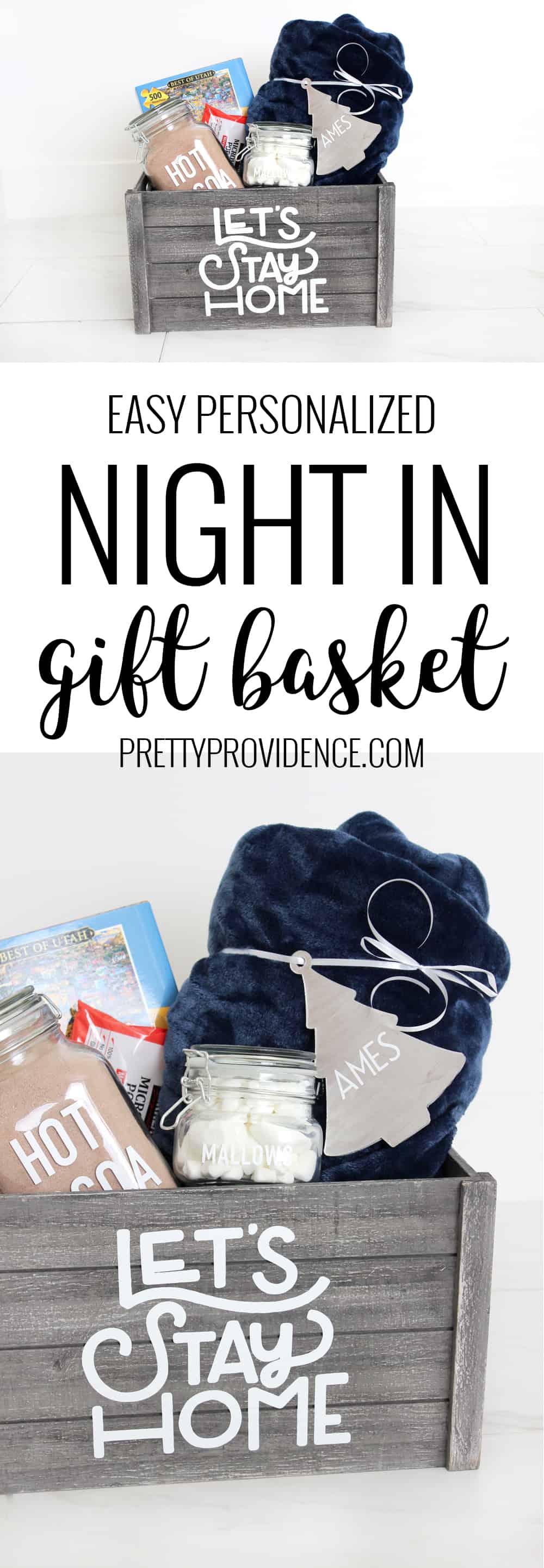 Loving this easy personalized "night in" gift basket idea! Easy to put together but can be used again and again! Perfect gift for close friends. 