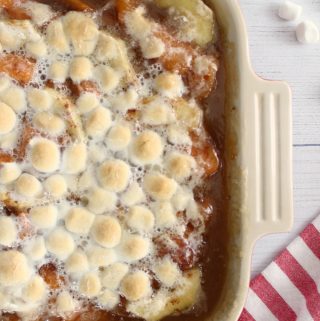 Super easy and delicious sweet potato casserole using canned yams and marshmallows!