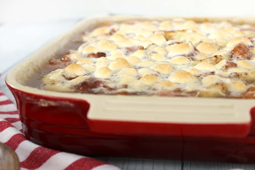 side view of a pan of marshmallow covered sweet potato casserole