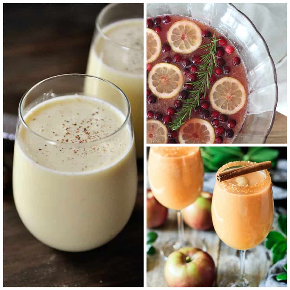 Collage of Non Alcoholic Holiday Party Drinks - Egg Nog, Cranberry Punch and Christmas Mocktail